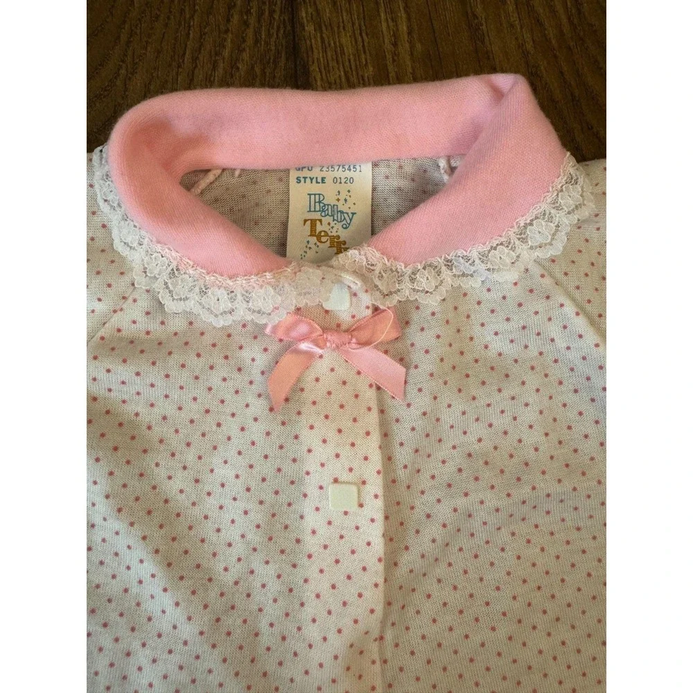 Vintage Baby Terry Brand Girl Outfit 3 3/6 Months Pink Dots Bow Lace Square Snap